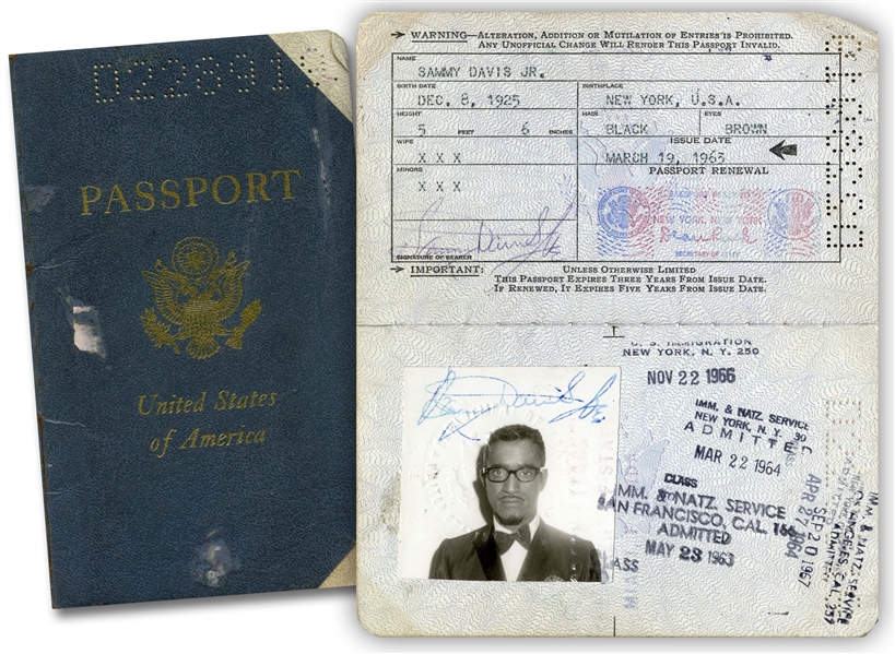 Sammy Davis, Jr. Twice-Signed Passport Issued in 1963 -- With Dozens of Stamps Documenting His Travels Throughout the 1960s